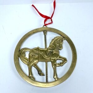 Vintage Brass Carousel Horse Wall Hanging Round Trivet Gold Nursery